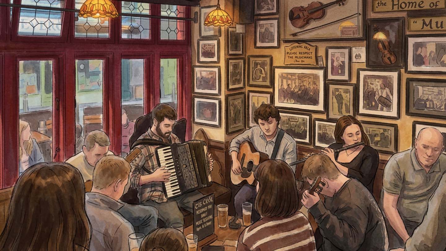Akustische Live-Session in einem Pub in Galway, Irland – Musiker spielen Akkordeon, Gitarre und Tin Whistle