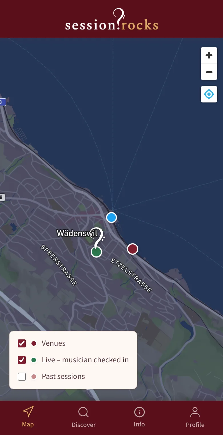 Map of Wädenswil with a green live marker, another venue and the blue dot of your own location