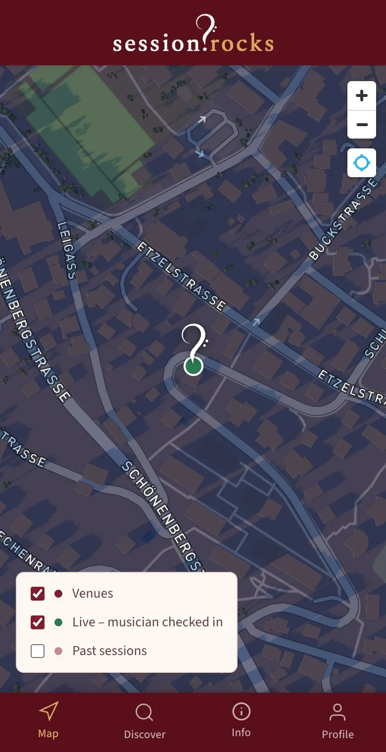 Map with a green live marker at Session Rocks Testvenue and the legend Venues, Live, Past sessions
