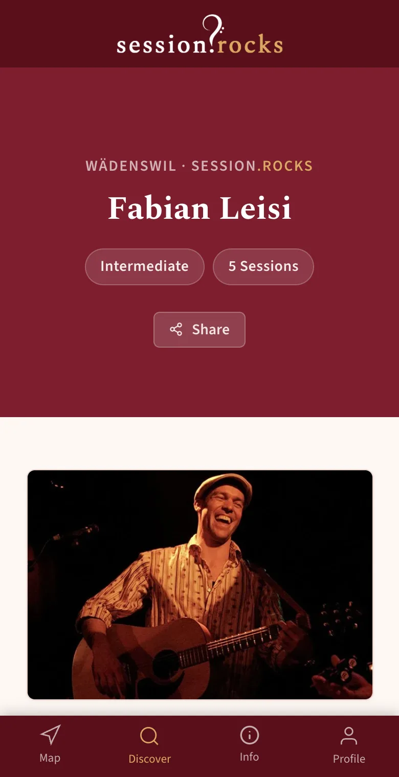 Public musician profile of Fabian Leisi with experience level, number of sessions and Share button