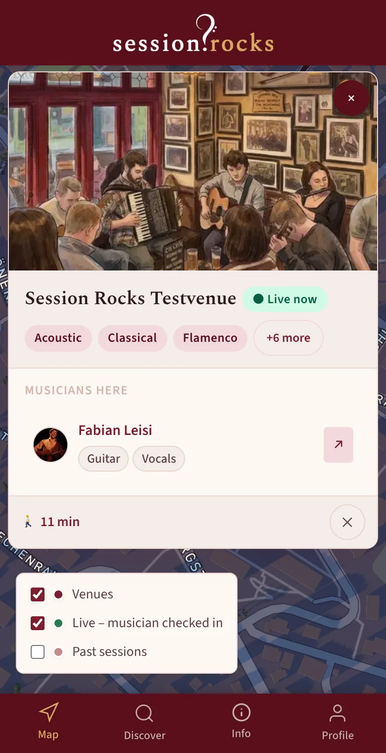 Venue card showing a walking time of 11 minutes