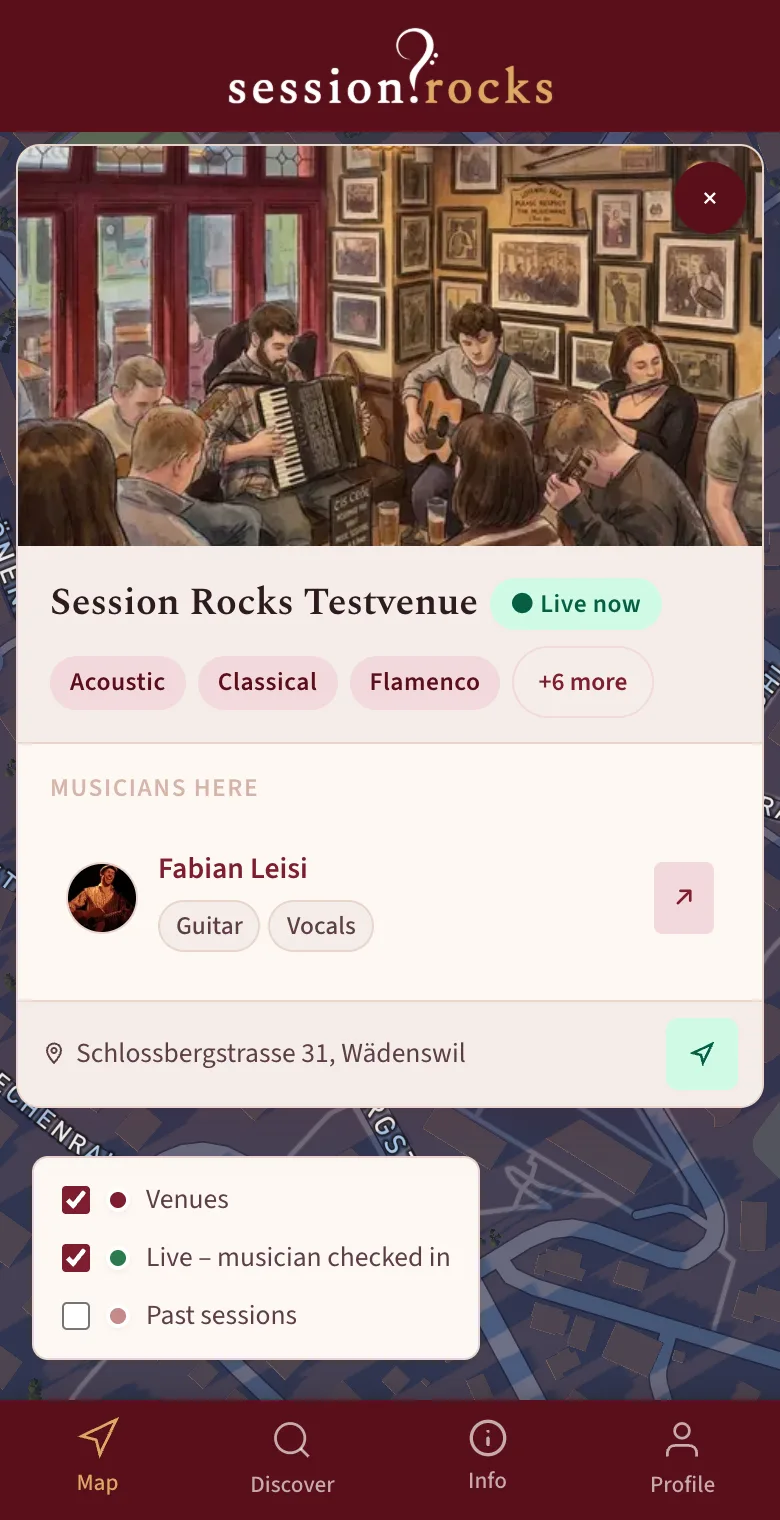 Venue card of Session Rocks Testvenue on the map, marked Live now, with Fabian Leisi playing Guitar and Vocals