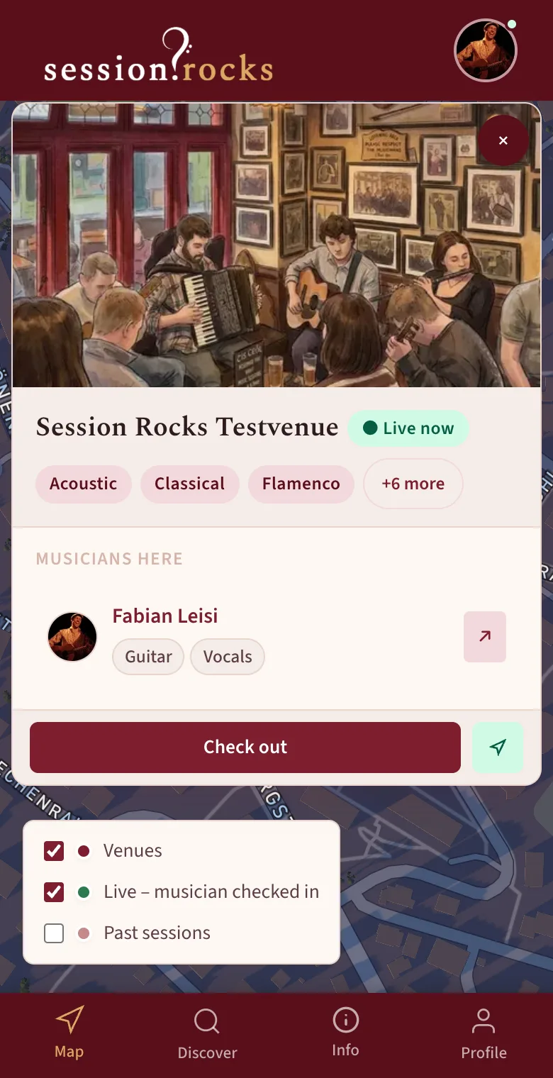 Venue card marked Live now, listing Fabian Leisi with Guitar and Vocals and a Check out button