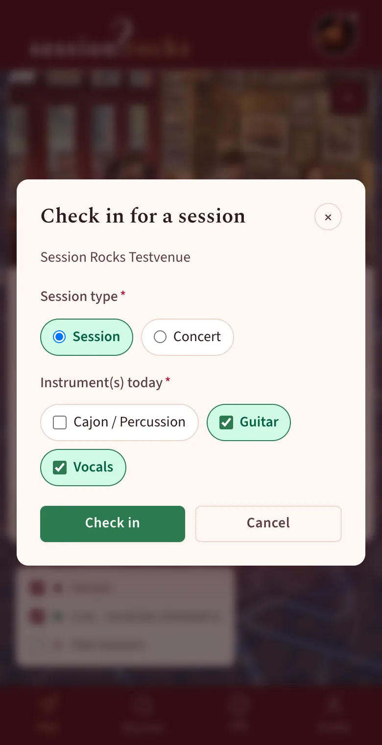 Check-in dialog with session type Session and the instruments Guitar and Vocals selected