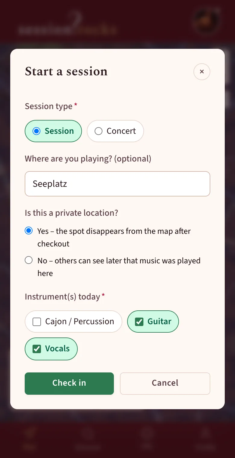 Start a session dialog with session type, optional place name, private location choice and instruments