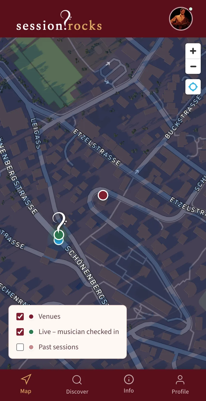 Map with your own green live marker at your location, next to the burgundy venue marker