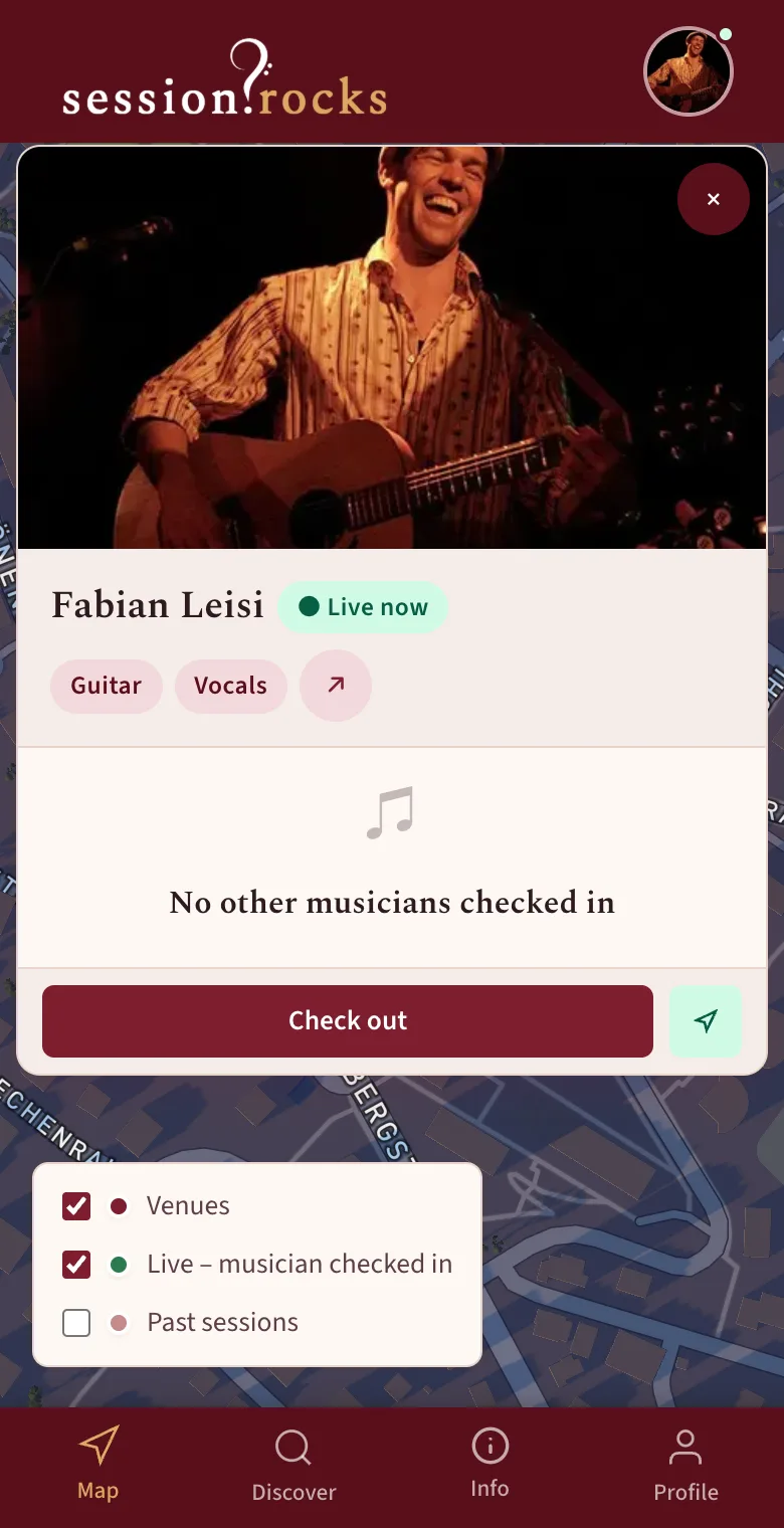 Own live marker card for Fabian Leisi with Guitar and Vocals and a Check out button