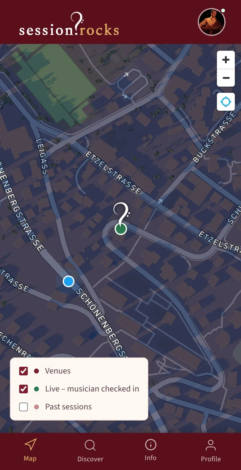 Map with the green live marker at Session Rocks Testvenue
