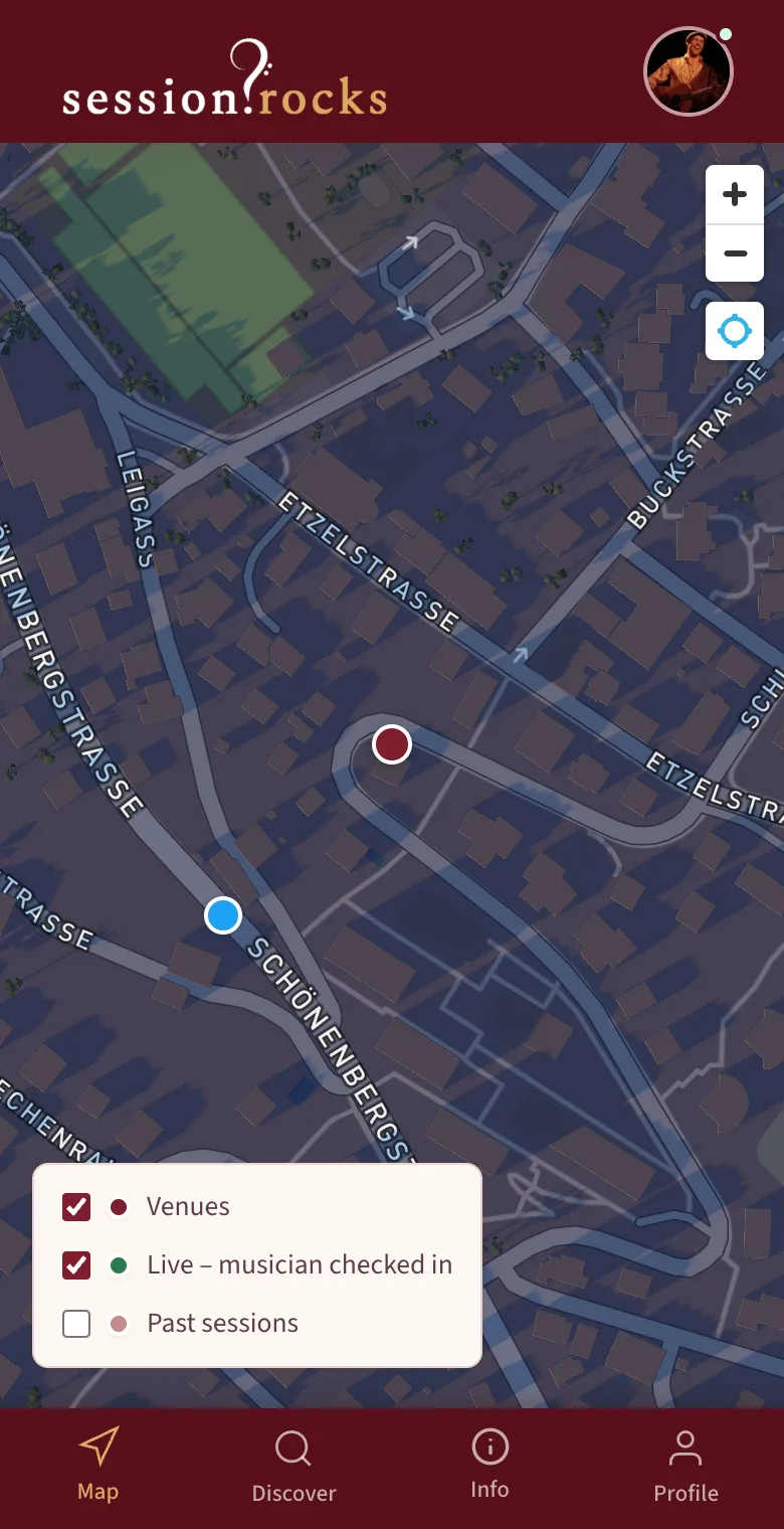 Map with the burgundy marker of Session Rocks Testvenue and the blue dot of your own location
