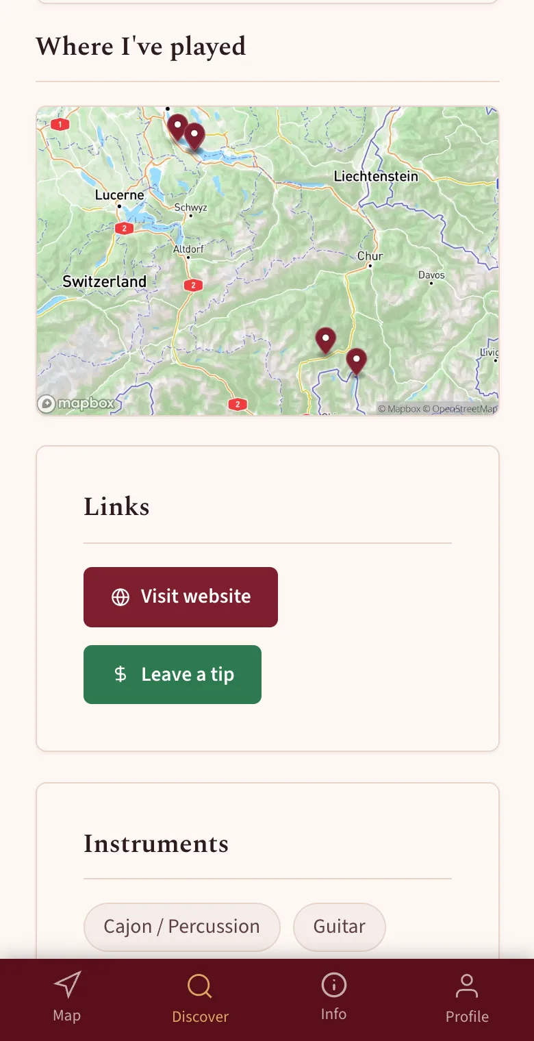 Public musician profile with the map Where I've played, the buttons Visit website and Leave a tip, and the instruments
