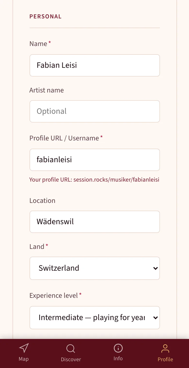 Profile form with name, artist name, profile URL, location, country and experience level
