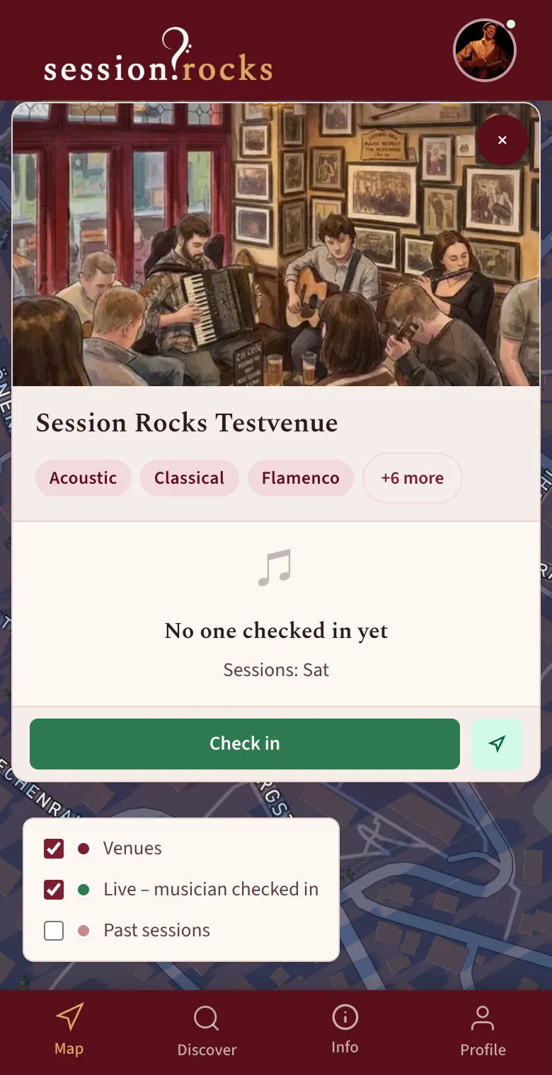 Venue card of Session Rocks Testvenue with the green Check in button