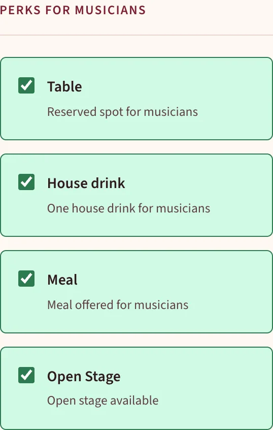 Dashboard section Perks for musicians with Table, House drink, Meal and Open Stage