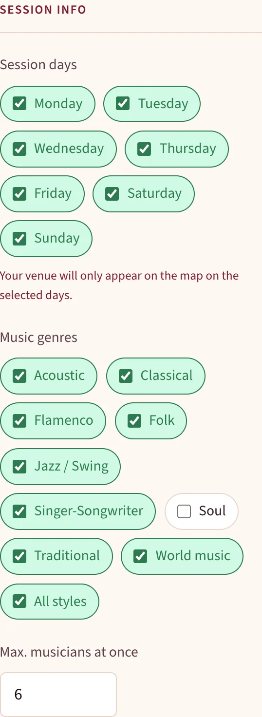 Dashboard section Session info with session days, music genres and max. musicians at once