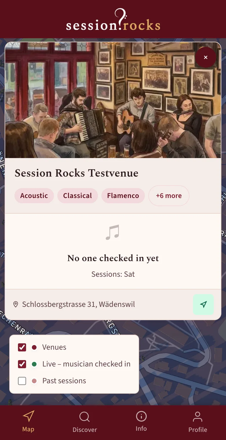 Venue card of Session Rocks Testvenue on the map with cover photo, genres, No one checked in yet and the address
