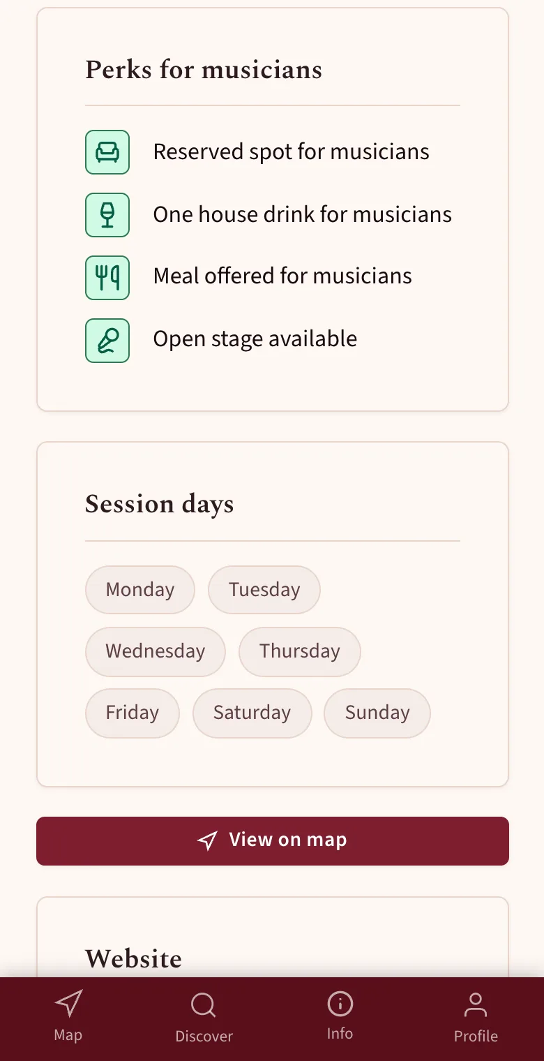 Venue profile sections Perks for musicians and Session days with the View on map button