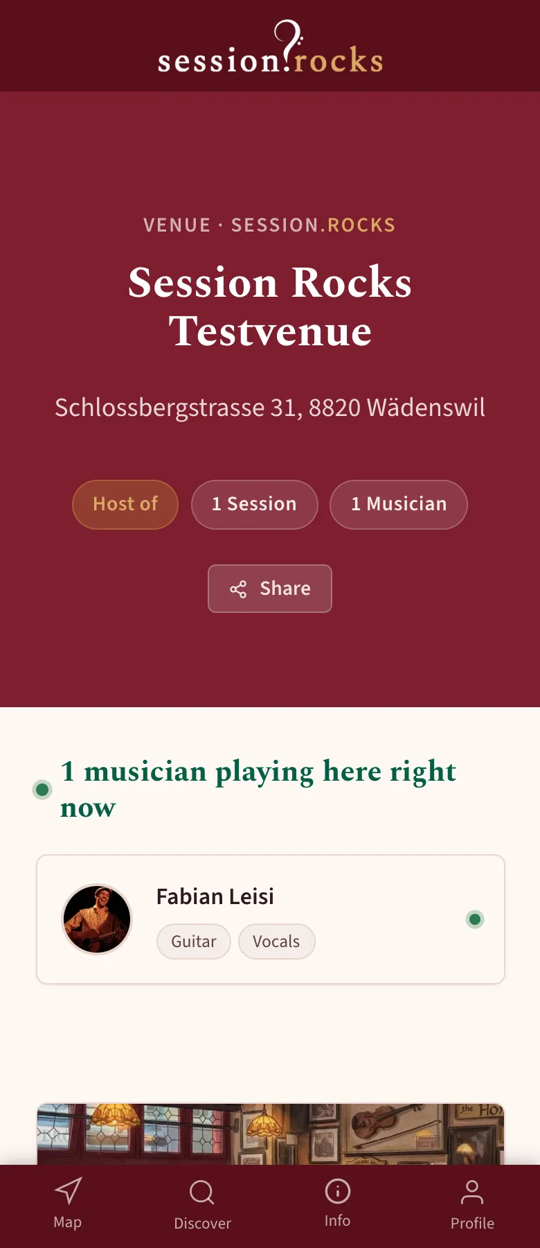 Venue profile of Session Rocks Testvenue showing 1 musician playing here right now: Fabian Leisi, Guitar and Vocals