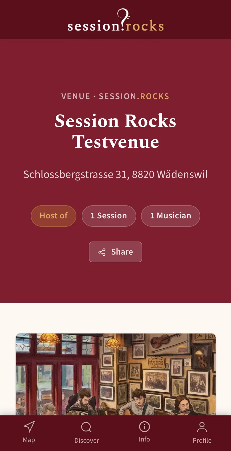 Public venue profile of Session Rocks Testvenue with address, session and musician counters, Share button and cover photo